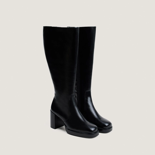 Bottes à plateformes en cuir vieilli noir taille mollet L|BAM | Jonak