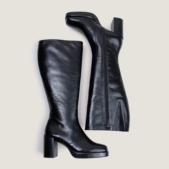 Bottes à plateformes en cuir vieilli noir taille mollet L|BAM | Jonak