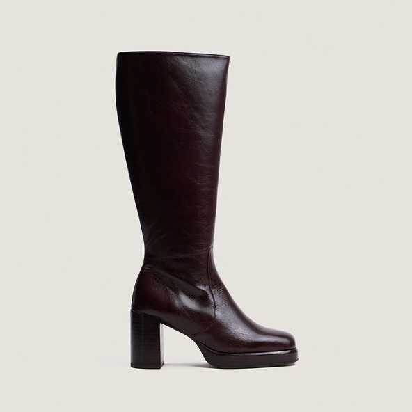 Bottes à plateformes en cuir vieilli chocolat taille mollet M|BAM | Jonak