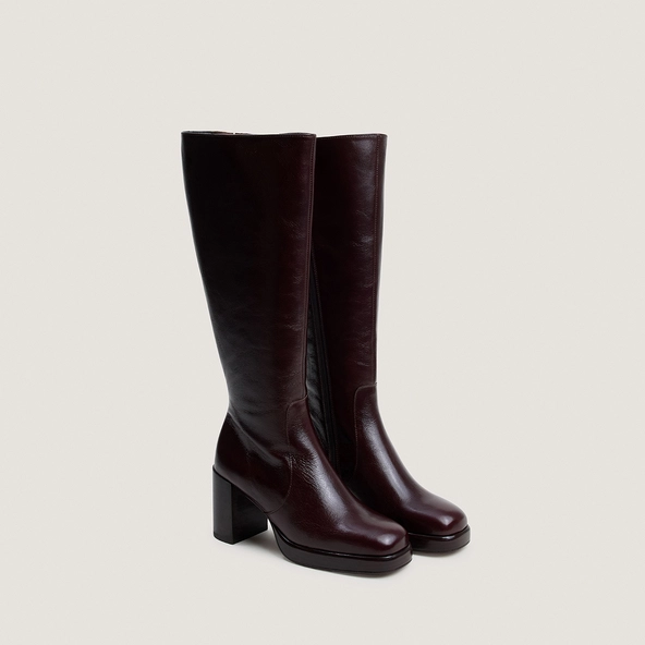 Bottes à plateformes en cuir vieilli chocolat taille mollet M|BAM | Jonak