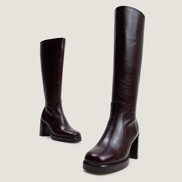 Bottes à plateformes en cuir vieilli chocolat taille mollet M | BAM | Jonak