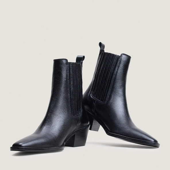 Bottines à talons et fronces en cuir grainé noir | BIRMAN | Jonak