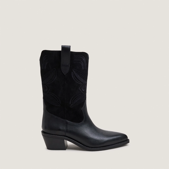 Bottes à bouts pointus et surpiqures apparentes en cuir grainé noir et croûte noire | TATIANA | Jonak