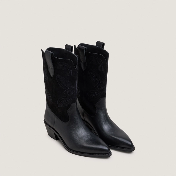 Bottes à bouts pointus et surpiqures apparentes en cuir grainé noir et croûte noire | TATIANA | Jonak