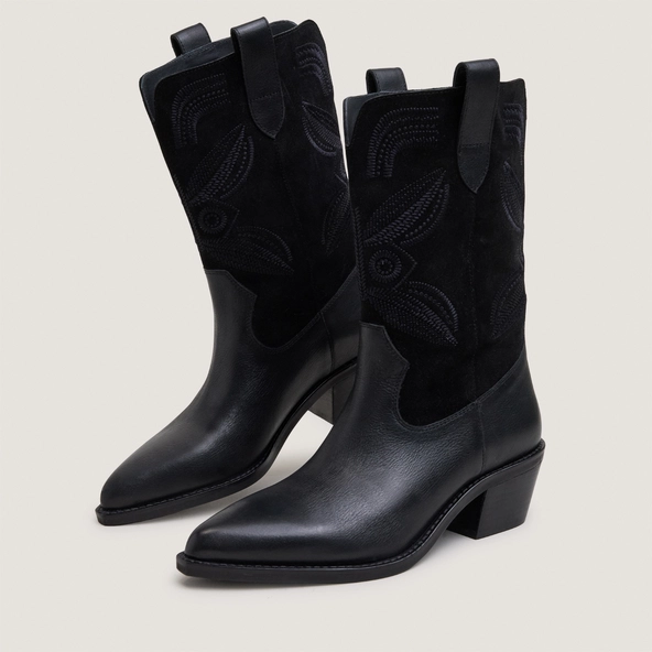 Bottes à bouts pointus et surpiqures apparentes en cuir grainé noir et croûte noire | TATIANA | Jonak
