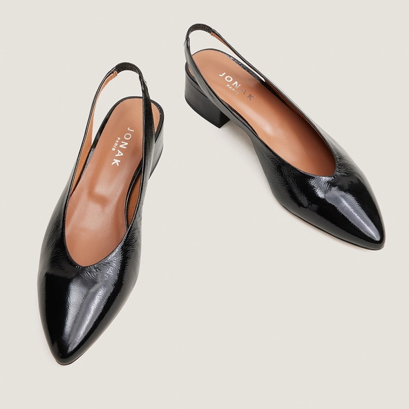 Ballerines &agrave; bouts arri&egrave;res ouverts en vernis pliss&eacute; noir | VINCE | Jonak