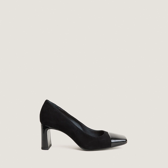 Escarpins &agrave; talons larges et bouts carr&eacute;s en vernis noir et velours noir | DOG | Jonak