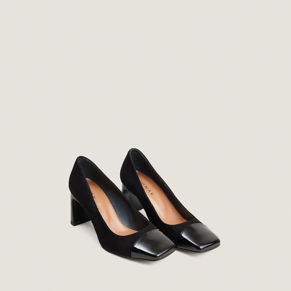 Escarpins &agrave; talons larges et bouts carr&eacute;s en vernis noir et velours noir | DOG | Jonak