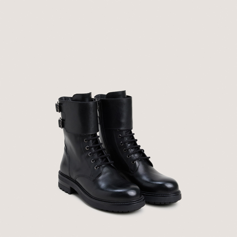 Boots &agrave; lacets et doubles brides &agrave; boucles noir