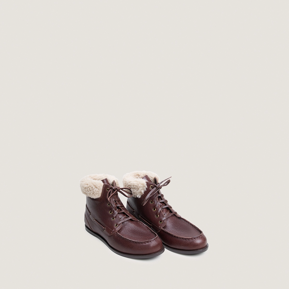 Boots à lacets en cuir grainé marron et fluffy beige | TEAM | Jonak