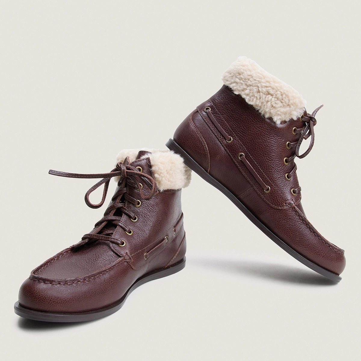 Boots à lacets en cuir grainé marron et fluffy beige | TEAM | Jonak
