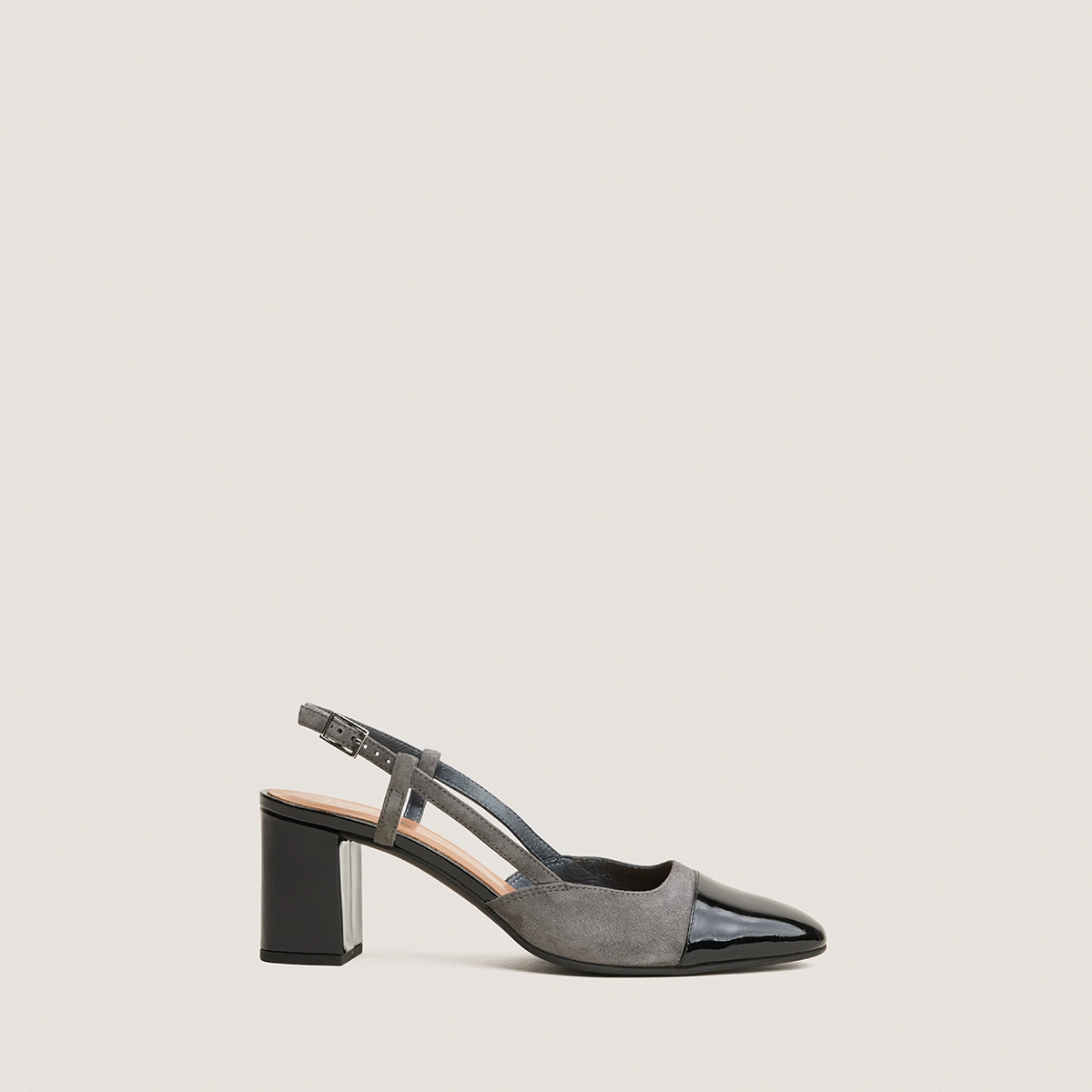 Slingbacks à talons en cuir brillant noir et velours gris | DHAPOP | Jonak
