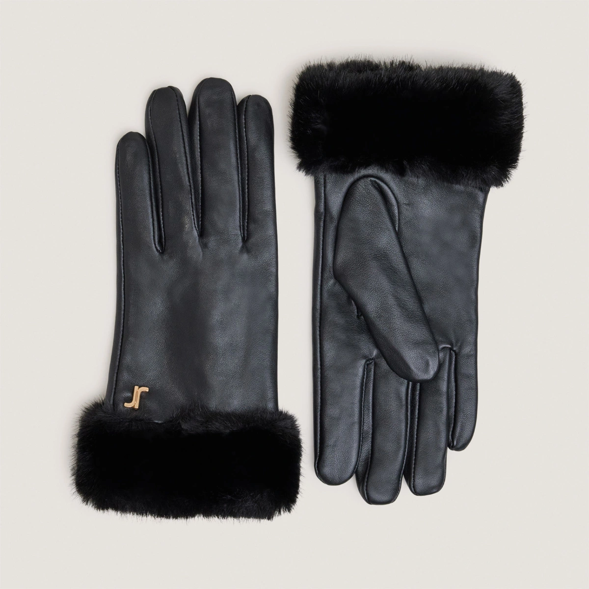 Gants à monogrammes en cuir noir et fourrure synthétique noire | JOSETTE | Jonak