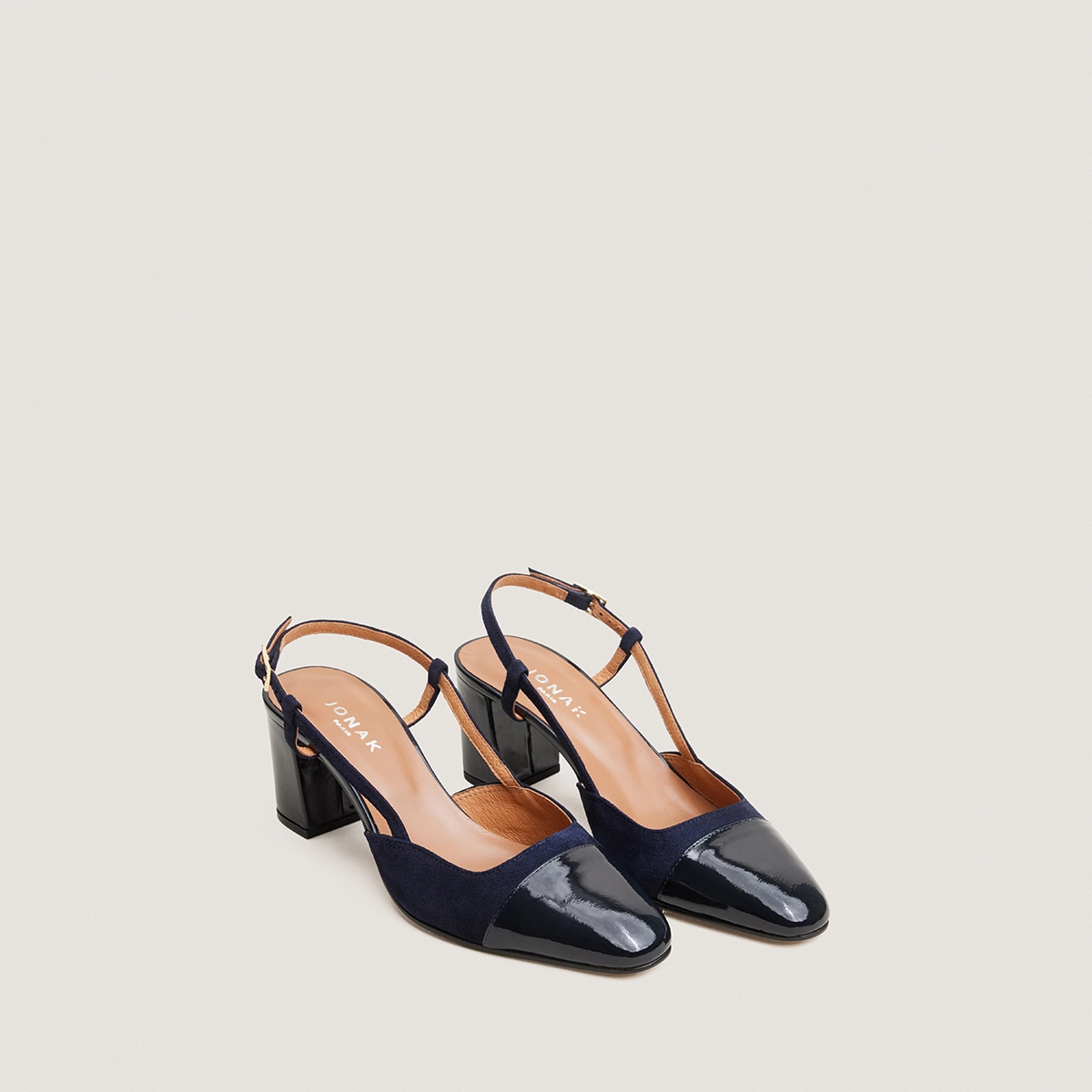 Slingbacks à talons en vernis marine et velours marine | DHAPOP | Jonak