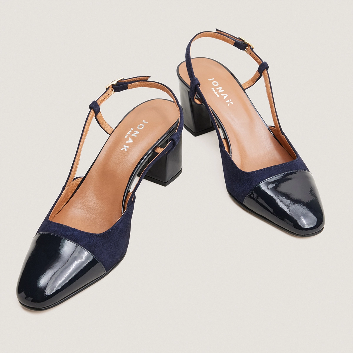 Slingbacks à talons en vernis marine et velours marine | DHAPOP | Jonak