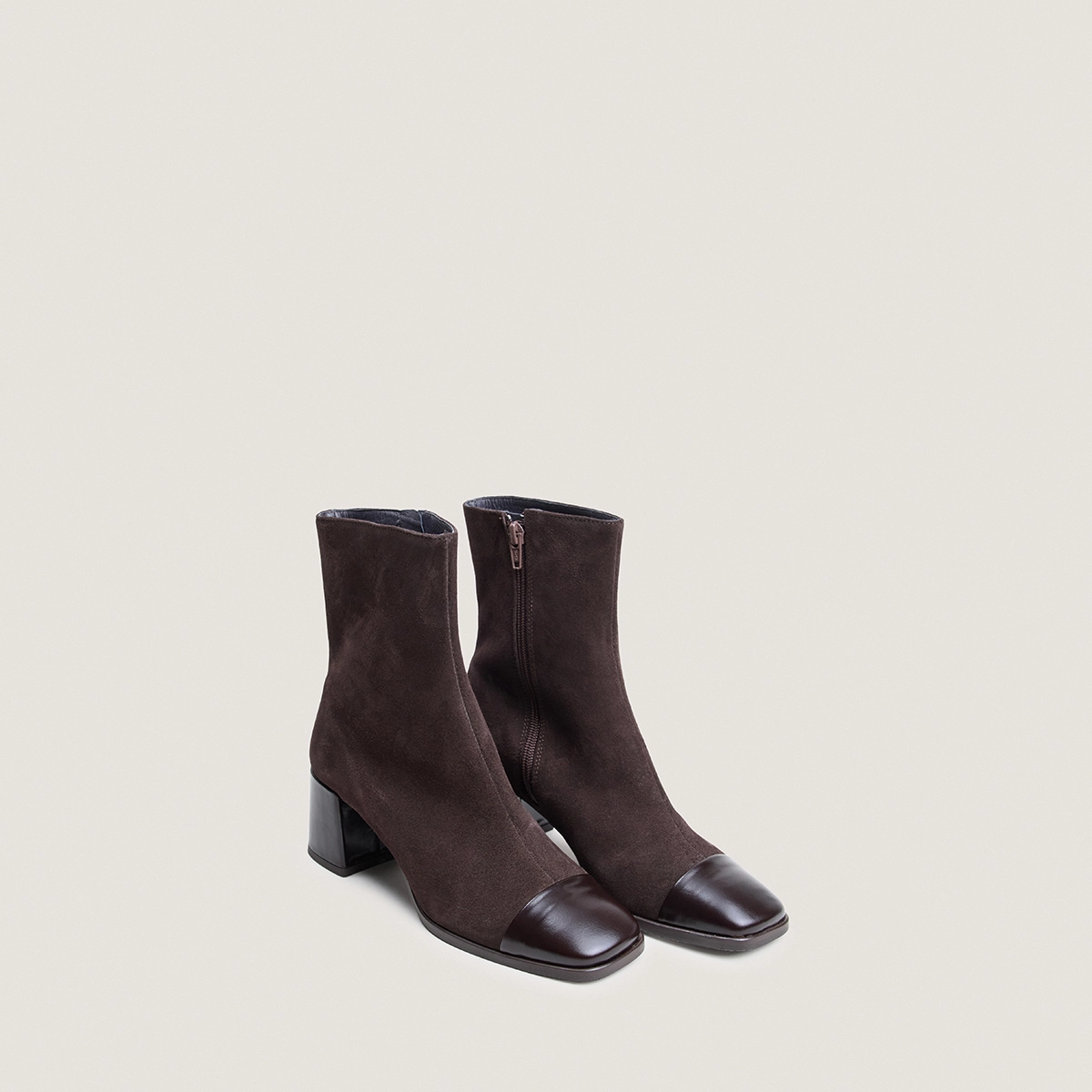 Bottines à talons et bouts carrés en cuir marron foncé et croute marron foncé | ALMIR | Jonak