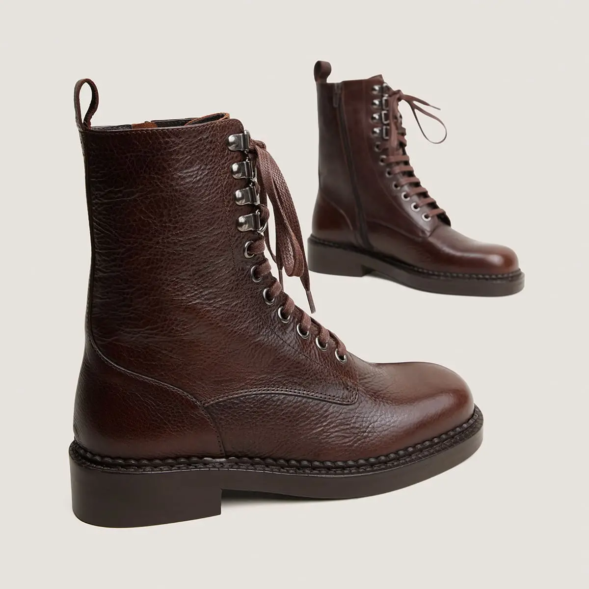 Bottines à lacets et à talons en cuir grainé marron | DOLL | Jonak