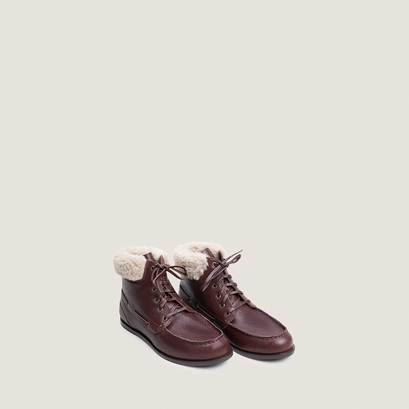 Boots à lacets en cuir grainé marron et fluffy beige | TEAM | Jonak