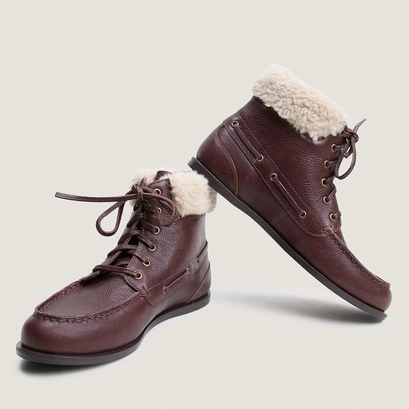Boots à lacets en cuir grainé marron et fluffy beige | TEAM | Jonak
