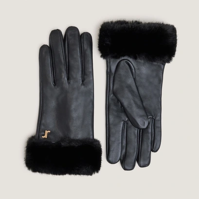Gants &agrave; monogrammes en cuir noir et fourrure synth&eacute;tique noire | JOSETTE | Jonak