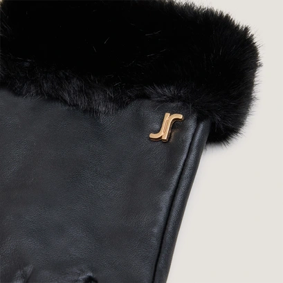 Gants &agrave; monogrammes en cuir noir et fourrure synth&eacute;tique noire | JOSETTE | Jonak