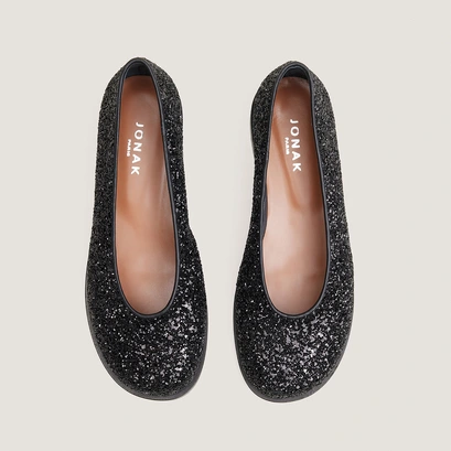 Ballerines &agrave; petits talons et bouts ronds en glitter noir | DAURELIA | Jonak