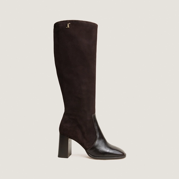 Bottes à talons et monogrammes en cuir marron foncé et velours marron foncé | VAUBO | Jonak