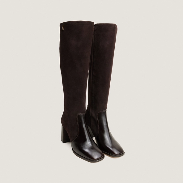 Bottes à talons et monogrammes en cuir marron foncé et velours marron foncé | VAUBO | Jonak
