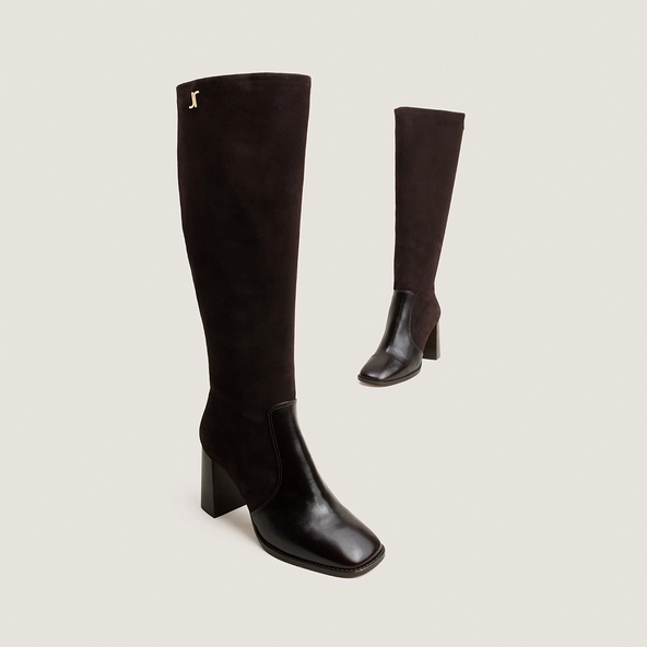 Bottes à talons et monogrammes en cuir marron foncé et velours marron foncé | VAUBO | Jonak