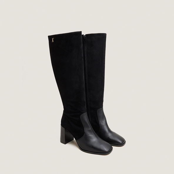 Bottes &agrave; talons et monogrammes en cuir noir et velours noir | VAUBO | Jonak