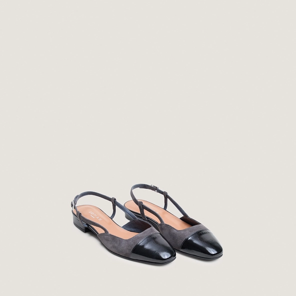 Ballerines slingbacks en cuir brillant noir et velours gris | DHAPOU | Jonak