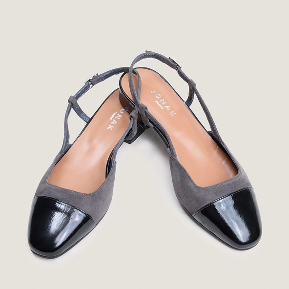 Ballerines slingbacks en cuir brillant noir et velours gris | DHAPOU | Jonak