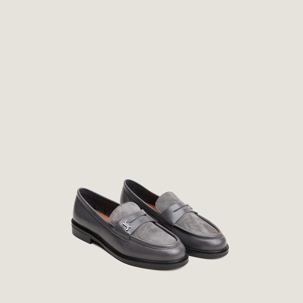 Mocassins &agrave; bouts ronds et monogrammes en cuir gris et velours gris | DUEDI | Jonak