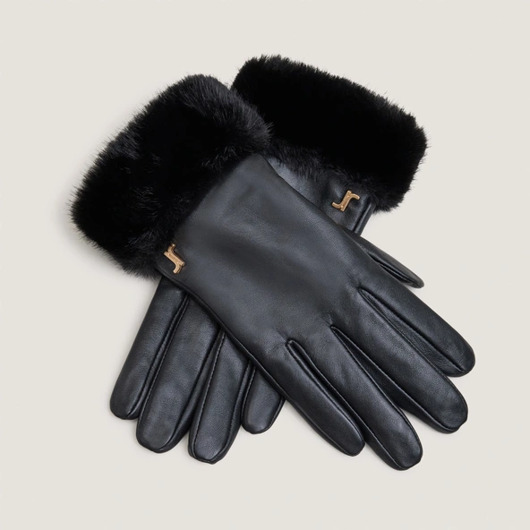 Gants à monogrammes en cuir noir et fourrure synthétique noire | JOSETTE | Jonak