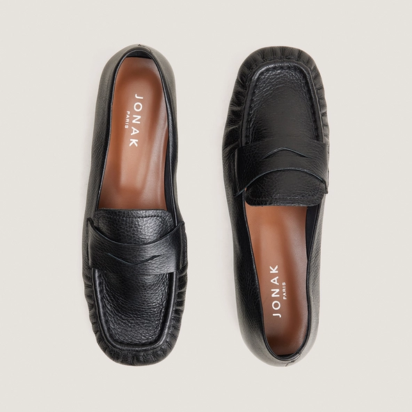 Mocassins plats froncés en cuir graine noir | DELIO | Jonak