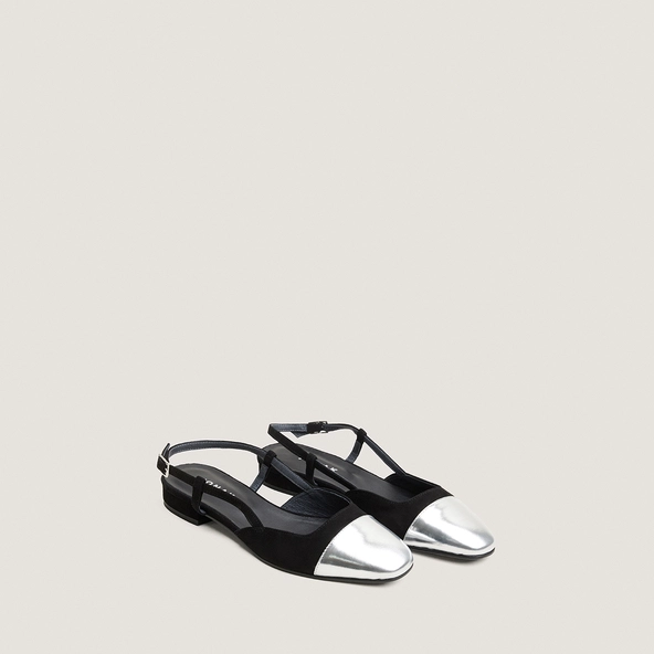 Ballerines slingbacks en cuir miroir argent et velours noir | DHAPOU | Jonak
