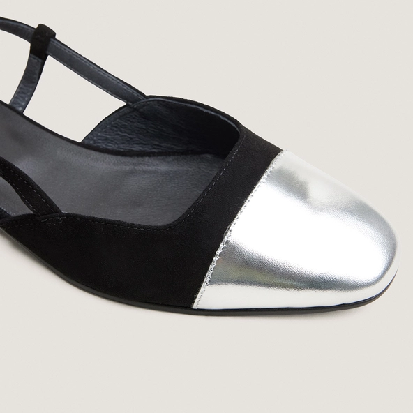 Ballerines slingbacks en cuir miroir argent et velours noir | DHAPOU | Jonak