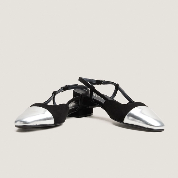 Ballerines slingbacks en cuir miroir argent et velours noir | DHAPOU | Jonak