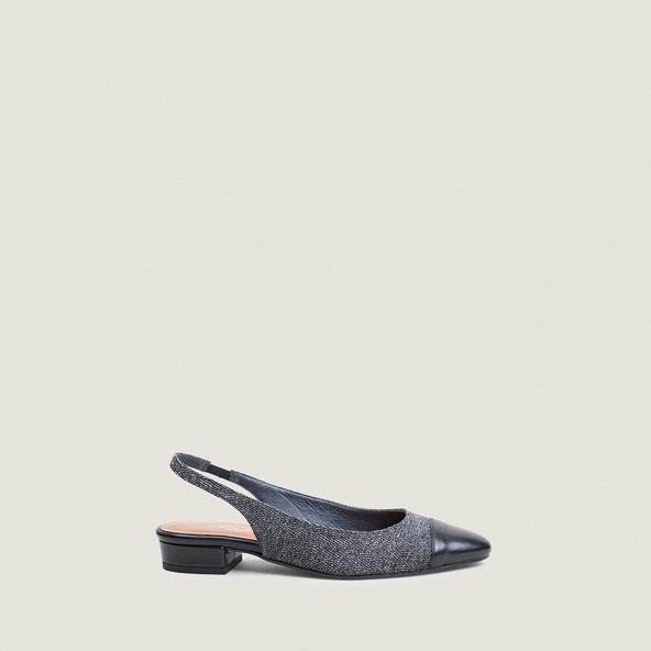 Ballerines slingbacks à petits talons en cuir noir et chevron gris | DECISION | Jonak