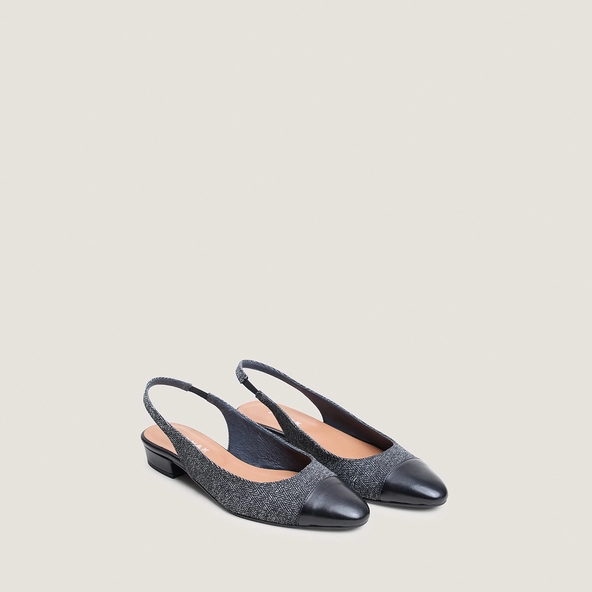 Ballerines slingbacks à petits talons en cuir noir et chevron gris | DECISION | Jonak