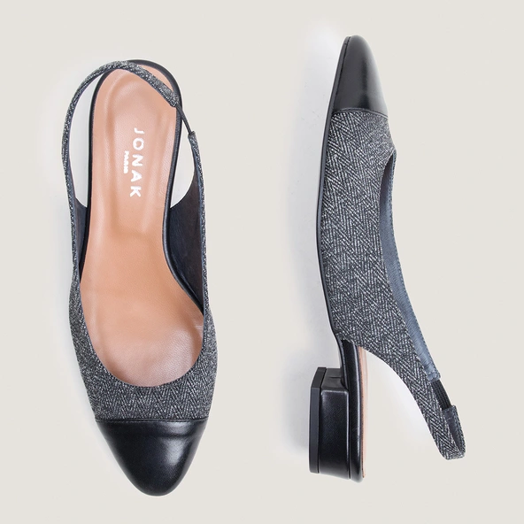 Ballerines slingbacks à petits talons en cuir noir et chevron gris | DECISION | Jonak