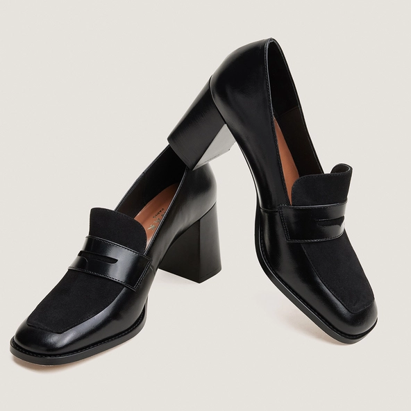 Mocassins à talon en cuir et velours noir | VARIA | Jonak