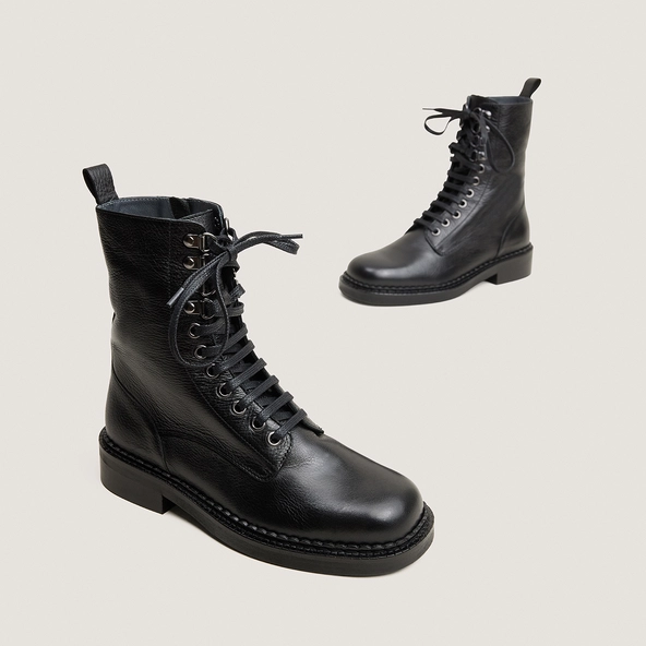 Bottines à lacets et à talons en cuir grainé noir | DOLL | Jonak