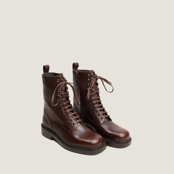 Bottines à lacets et à talons en cuir grainé marron | DOLL | Jonak