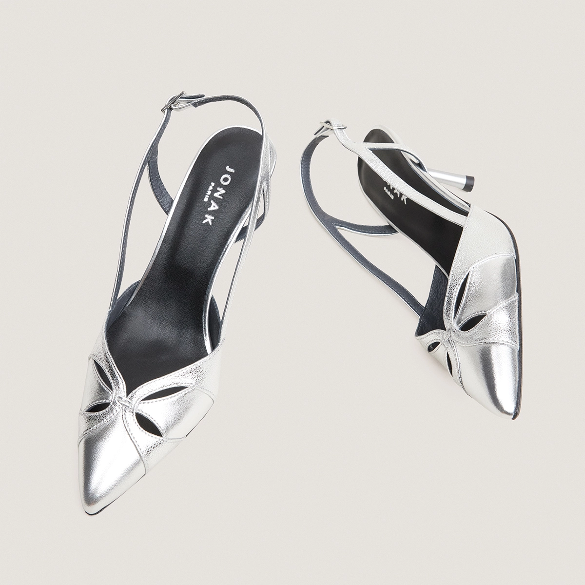 Escarpins slingbacks et &agrave; bouts pointus cuir metallis&eacute; argent et cuir craquel&eacute; argent | DAMOUR | Jonak