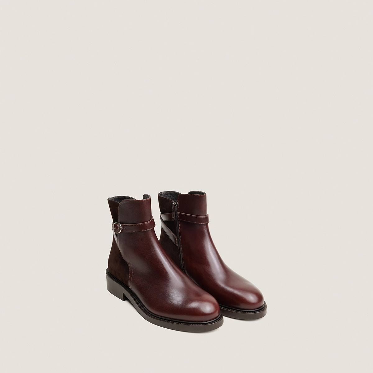 Bottine &agrave; bouts ronds en cuir chocolat et velours marron | DOOTSY | Jonak