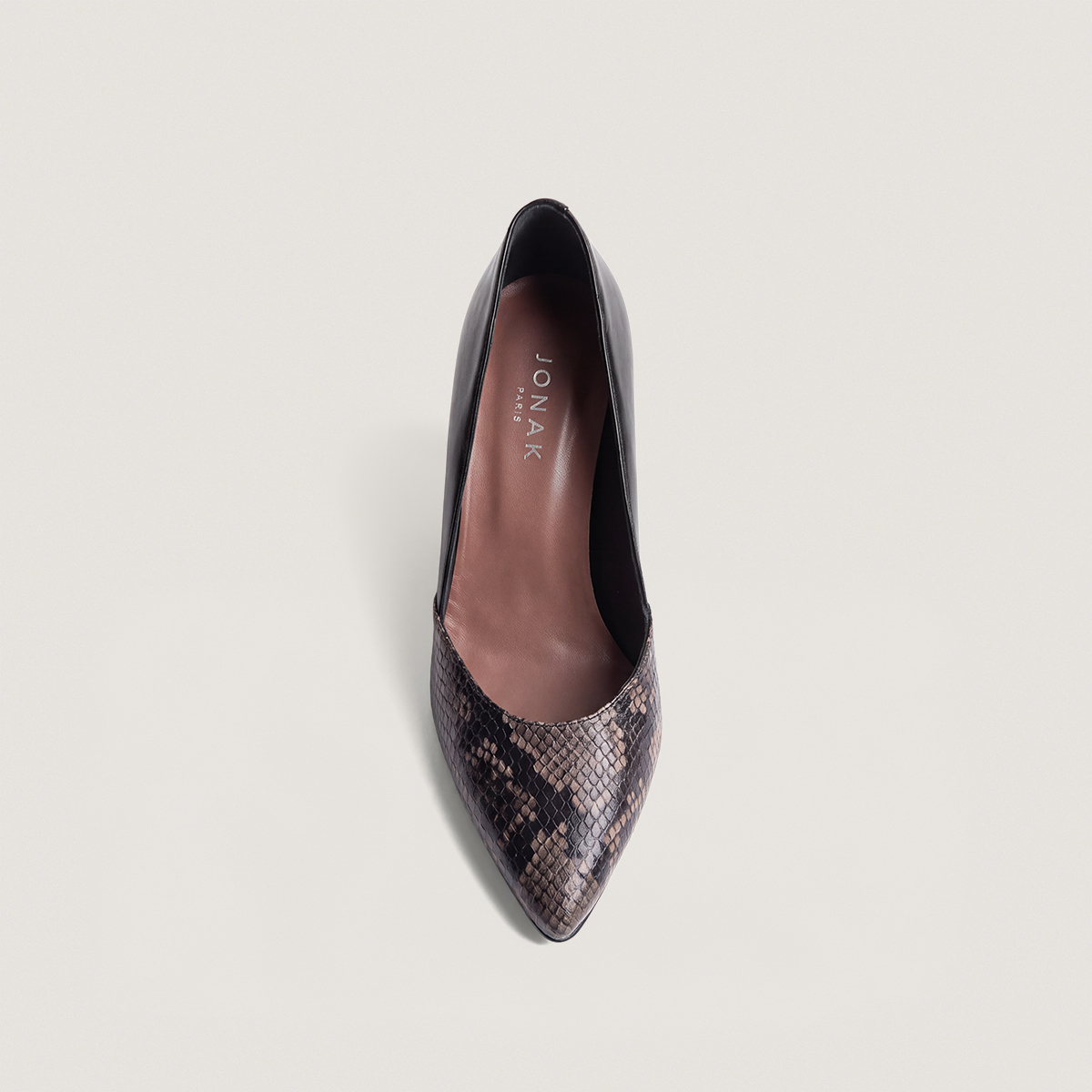 Escarpins &agrave; bouts pointus en cuir effet python taupe et cuir noir | DIALECTE | Jonak