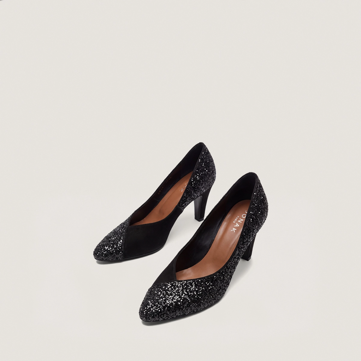 Escarpins &agrave; bouts pointus en glitter noir et velours noir | DULZURA | Jonak