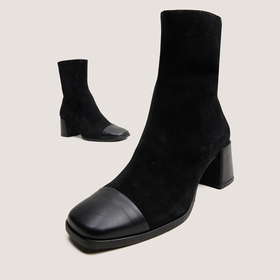 Bottines &agrave; talons et bouts carr&eacute;s en cuir noir et cro&ucirc;te noire | ALMIR | Jonak