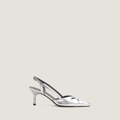 Escarpins slingbacks et à bouts pointus cuir metallisé argent et cuir craquelé argent | DAMOUR | Jonak